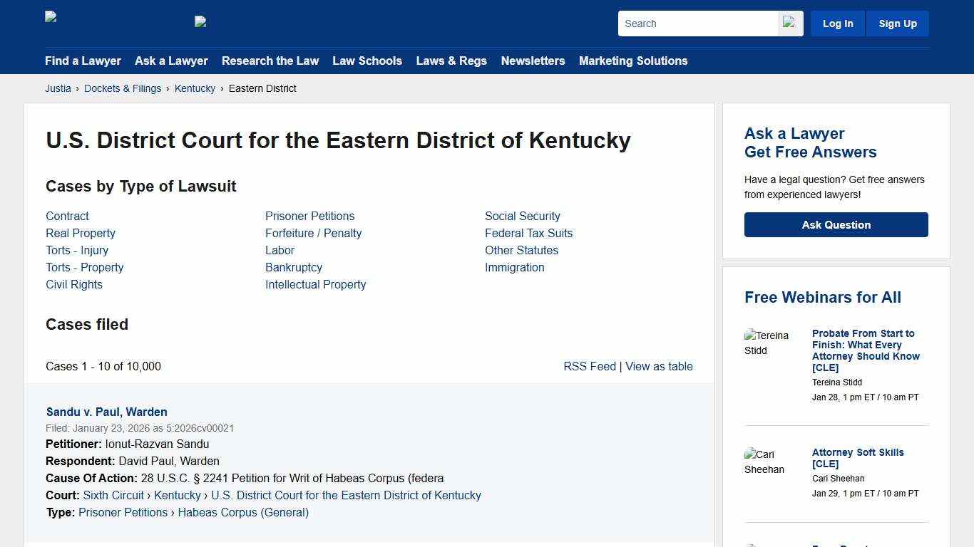 Cases, Dockets and Filings in the U.S. District Court for the Eastern District of Kentucky Justia Dockets & Filings